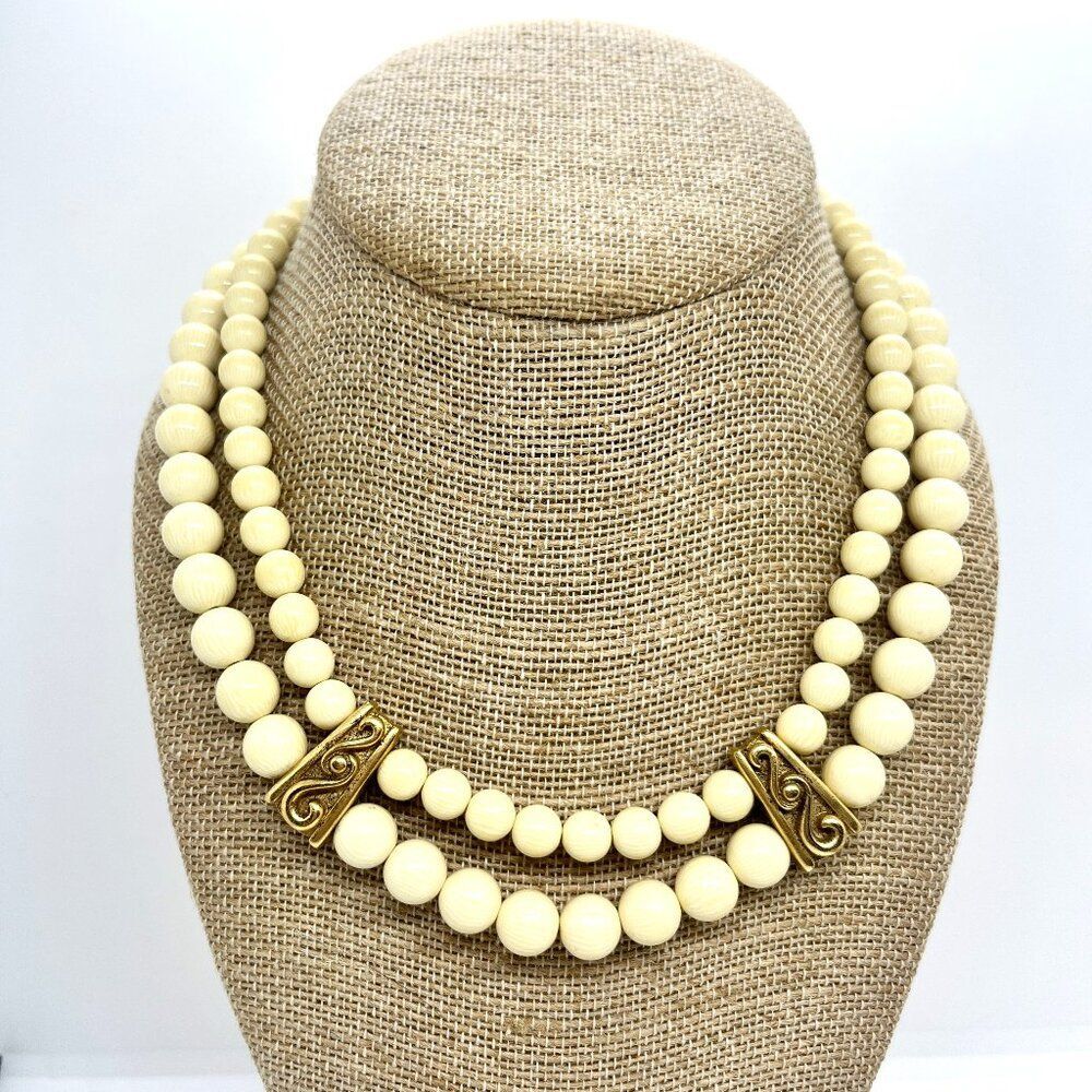 VINTAGE NAPIER NECKLACE Cream Bead Gold Tone Multi Strand Collar Signed Etruscan